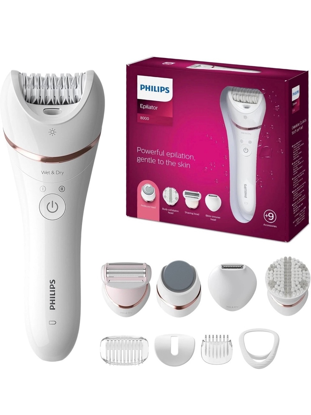 Philips Epilator Series 8000 BRE720 hair removal Cordless Wet Dry w Accessories